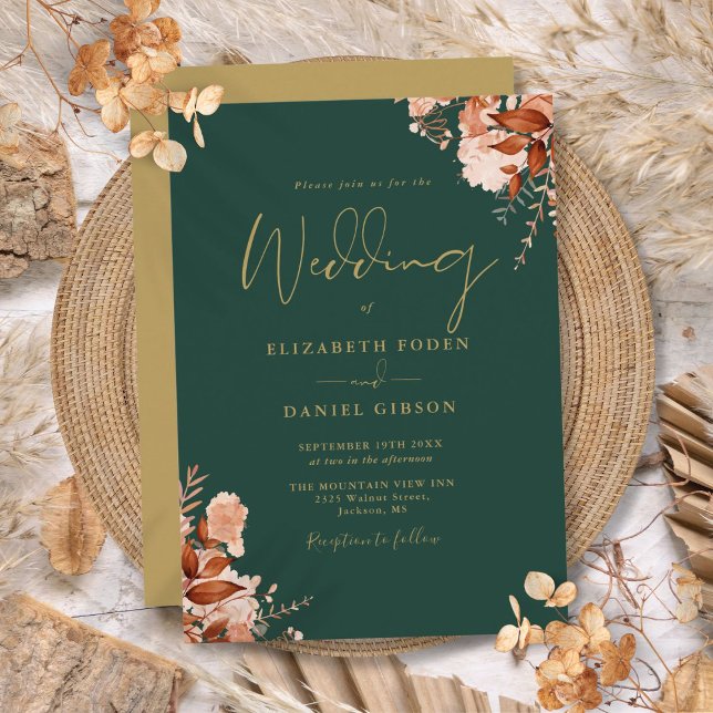 Invitation Mariage Floral Emerald Green Et Gold Rustic (Emerald Green And Gold Rustic Floral Wedding Invitation)