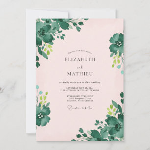 Invitation Mariage Floral Émeraude Rose Tendre