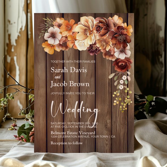 Invitation Mariage Floral en bois rustique (Créateur téléchargé)