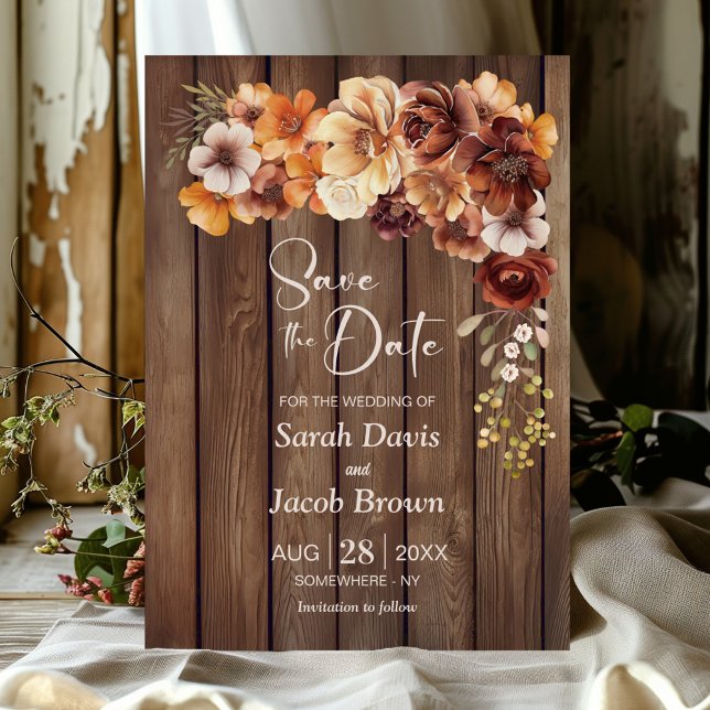 Invitation Mariage floral en bois rustique Enregistrer la dat (Créateur téléchargé)