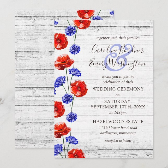Invitation Mariage floral en bois rustique et pavot rouge (Devant / Derrière)