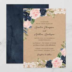 Invitation Mariage Floral en Dentelle Rose Navy Rustique