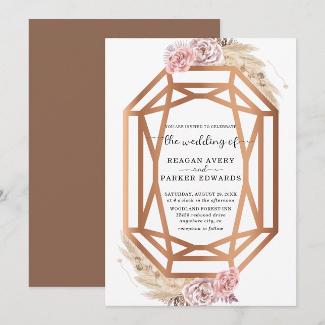 Invitation Mariage Floral en laiton séché en forme de diamant (Devant / Derrière)