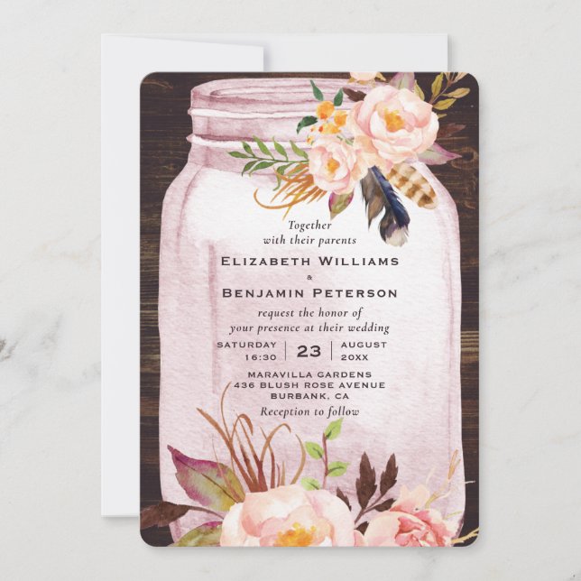 Invitation Mariage floral en plumes de mason rose pâle (Devant)