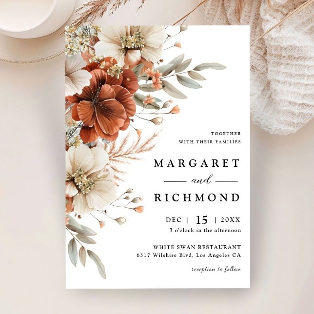 Invitation Mariage floral en terre cuite et bleu (Créateur téléchargé)