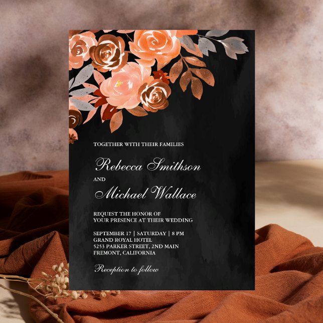 Invitation Mariage floral en terre cuite rustique gris foncé (Créateur téléchargé)