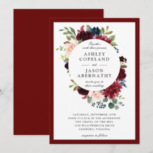 Invitation Mariage floral encadré de Bourgogne, Marine et Blu