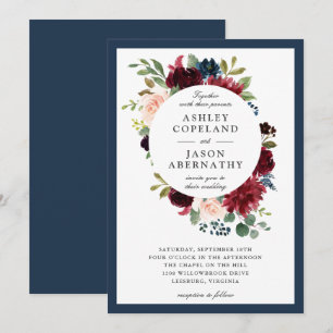 Invitation Mariage floral encadré marine, bourgogne et bleu