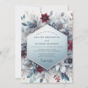 Invitation Mariage Floral Éthéré Bleu Bourgogne