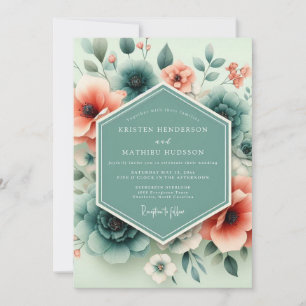 Invitation Mariage Floral Éthéré Corail Sarcelle