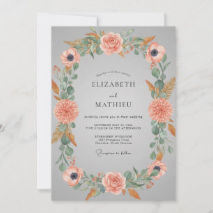 Invitation Mariage Floral Éthéré Gris et Pêche
