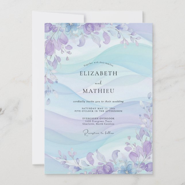 Invitation Mariage Floral Éthéré Pervenche (Devant)
