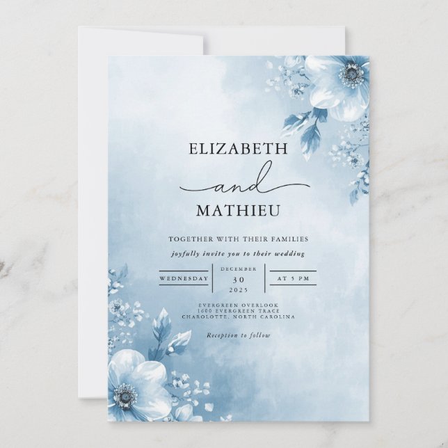 Invitation Mariage floral Ethereal Blue Blossom (Devant)