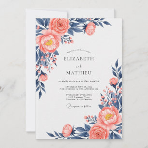 Invitation Mariage Floral Exquisit Navy et Pêche