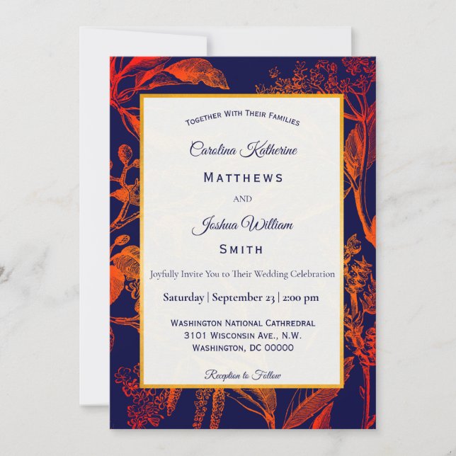 Invitation Mariage Floral Feuille Orange de la marine moderne (Devant)