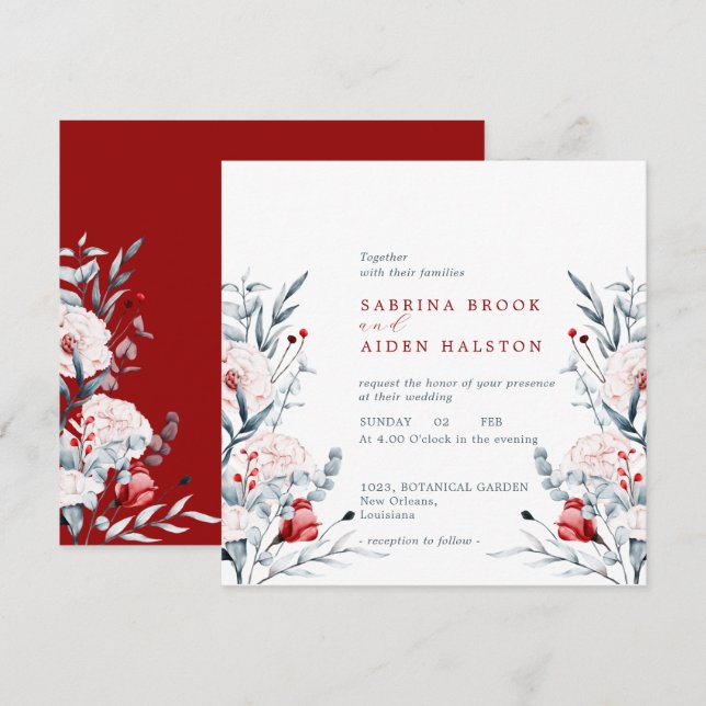 Invitation Mariage Floral Fleur Rouge Et Bleu (Devant / Derrière)