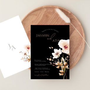Invitation Mariage Floral Fleur Sauvage Élégant Noir Blanc