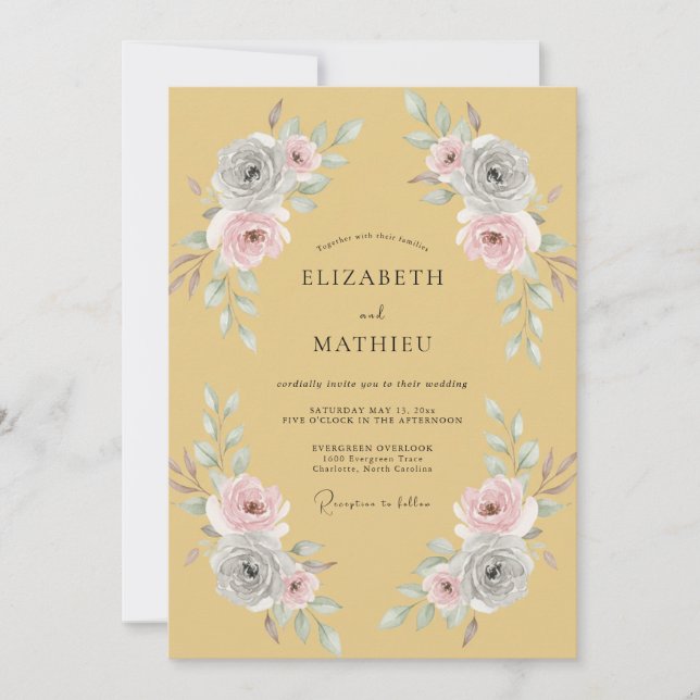 Invitation Mariage Floral Fleurissant Teinte Ocre (Devant)