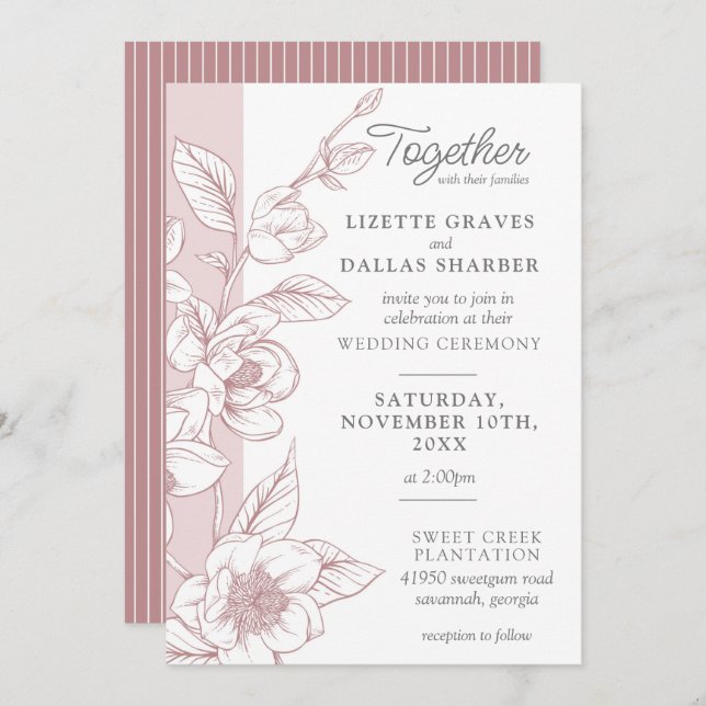 Invitation Mariage floral flush de fleurs de Magnolia méridio (Devant / Derrière)