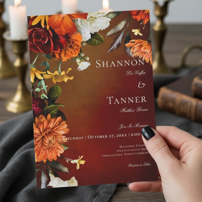 Invitation Mariage floral foncé élégant été coucher de soleil (Créateur téléchargé)