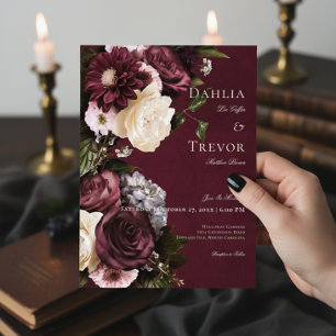 Invitation Mariage floral foncé et épais bordeaux et crème