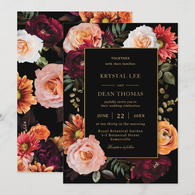 Invitation Mariage floral foncé Moody Orange Bourgogne (Devant / Derrière)