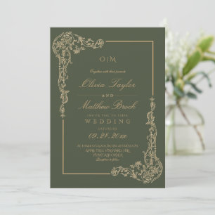 Invitation Mariage Floral Français Élégant Vert Sauge & Or