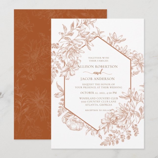 Invitation Mariage floral géométrique blanc et terra Cotta (Devant / Derrière)
