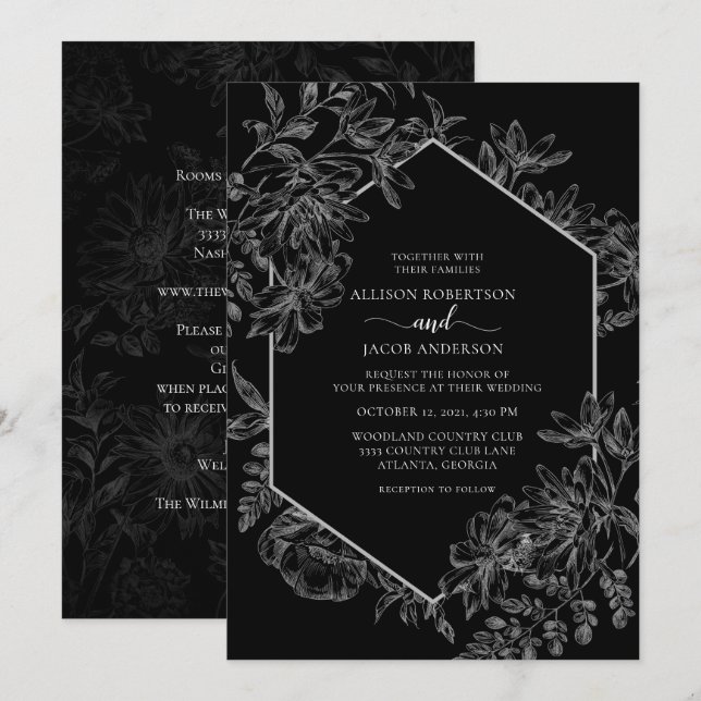 Invitation Mariage Floral Géométrique Blanc Noir Tout en un (Devant / Derrière)