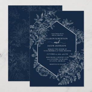 Invitation Mariage floral géométrique bleu et blanc élégant