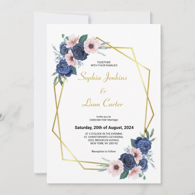 Invitation Mariage floral géométrique bleu foncé rose (Devant)