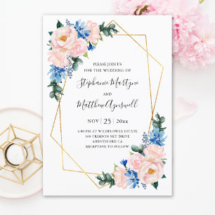Invitation Mariage floral géométrique bleu foncé rose