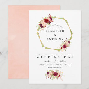Invitation Mariage floral géométrique de Bourgogne et rose pâ