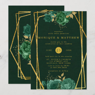 Invitation Mariage floral géométrique Emerald Green et Gold