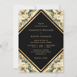 Invitation Mariage floral géométrique en or noir ivoire