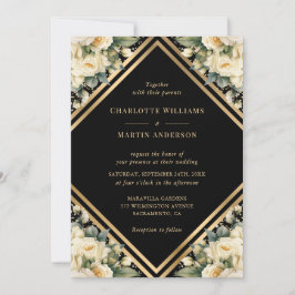 Invitation Mariage floral géométrique en or noir ivoire