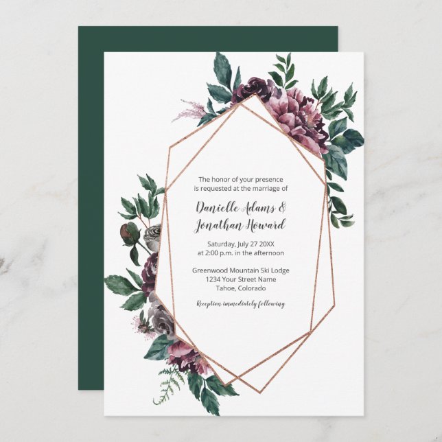 Invitation Mariage floral géométrique gris bordeaux (Devant / Derrière)