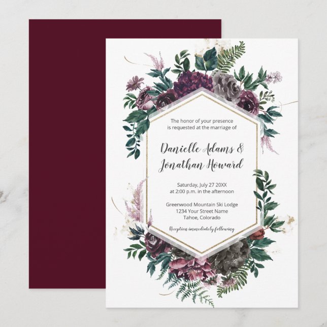 Invitation Mariage floral géométrique gris de Bourgogne rusti (Devant / Derrière)