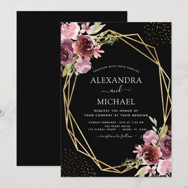 Invitation Mariage floral géométrique moderne rose Bourgogne (Devant / Derrière)