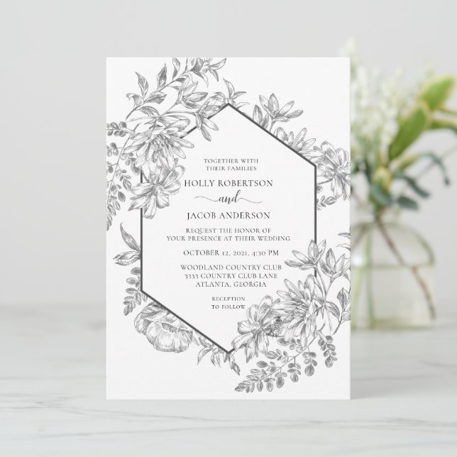 Invitation Mariage floral géométrique noir et blanc (Debout devant)