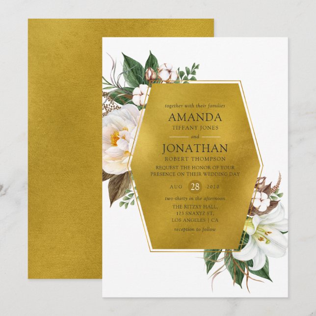 Invitation Mariage floral géométrique or (Devant / Derrière)