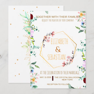 Invitation Mariage Floral Géométrique Or Élégant