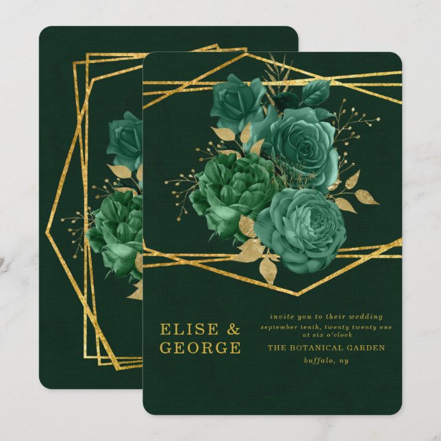 Invitation Mariage floral géométrique unique vert et or (Devant / Derrière)