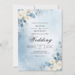 Invitation Mariage Floral givré Bleu Éthéré