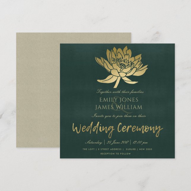 Invitation Mariage FLORAL GLAMOREUX OR SOMBRE VERT LOTUS (Devant / Derrière)