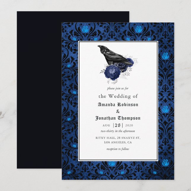Invitation Mariage floral gothique noir et bleu (Devant / Derrière)