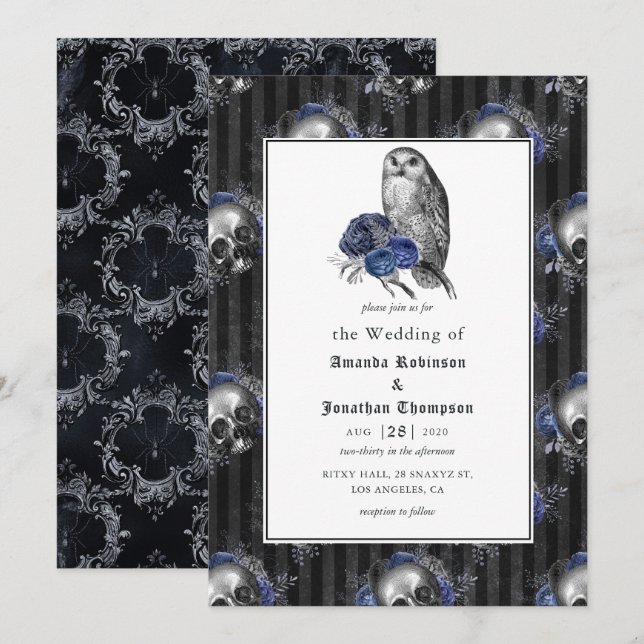 Invitation Mariage floral gothique noir et bleu (Devant / Derrière)