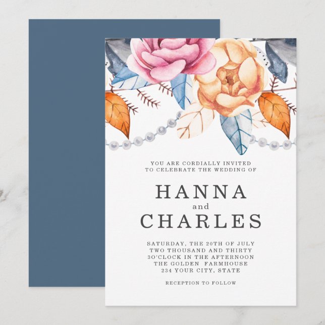 Invitation Mariage floral gris bleu foncé orange (Devant / Derrière)
