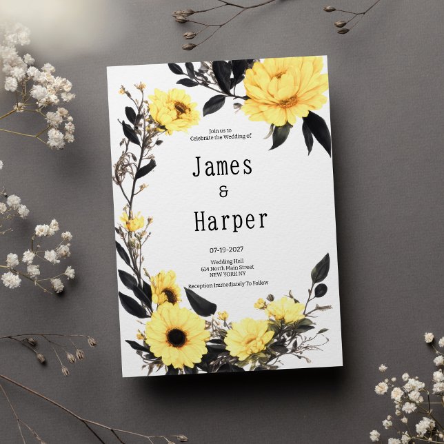 Invitation Mariage floral gris foncé (Summer yellow dark gray daisy floral Wedding )