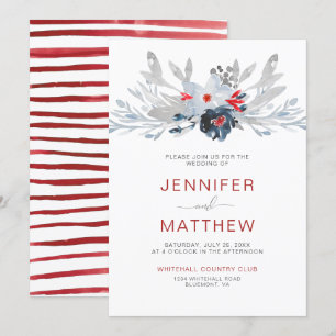 Invitation Mariage floral gris-rouge de la marine moderne  